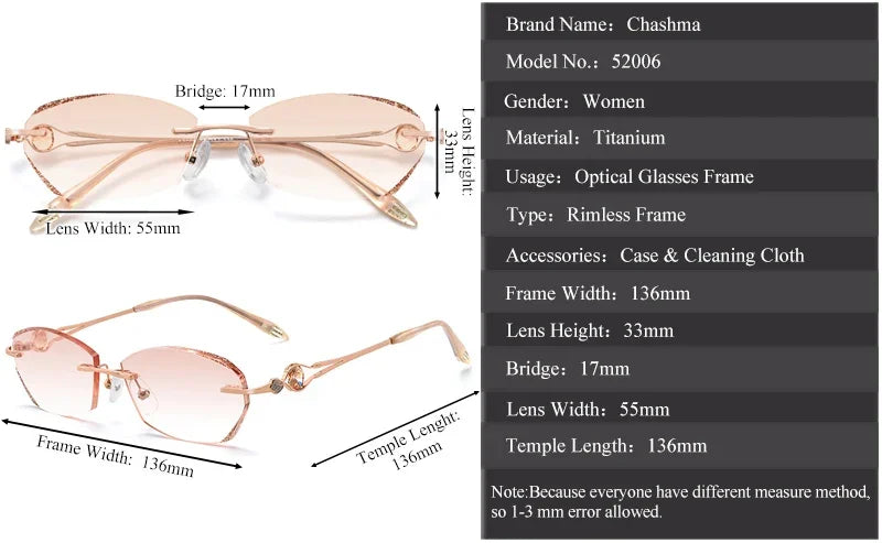 Chashma Ochki Women's Rimless Oval Square Titanium Eyeglasses 52006
