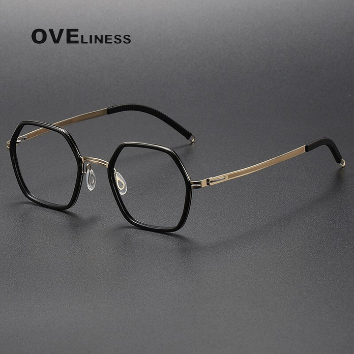 Oveliness Unisex Full Rim Polygon Acetate Titanium Eyeglasses 8202322 Full Rim Oveliness black gold  