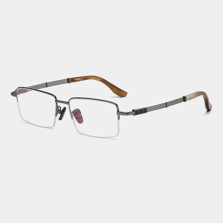 Gatenac Men's Semi Rim Square Titanium Horn Temple Eyeglasses Gxyj1498 Semi Rim Gatenac Gun  