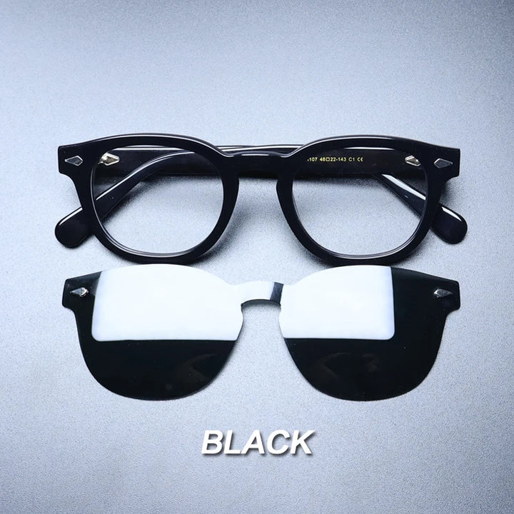Gatenac Unisex Full Rim Round Acetate Optional Clip On Sunglasses 1237 Clip On Sunglasses Gatenac Black Black Clips  