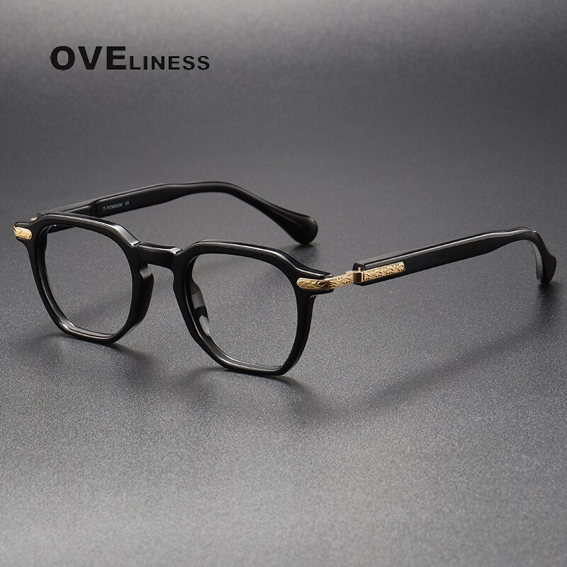 Oveliness Unisex Full Rim Square Acetate Titanium Eyeglasses 80855 Full Rim Oveliness black gold  