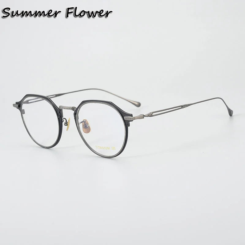 Summer Flower Unisex Full Rim Flat Top Round Titanium Acetate Eyeglasses 84061 Full Rim Summer Flower Black Silver