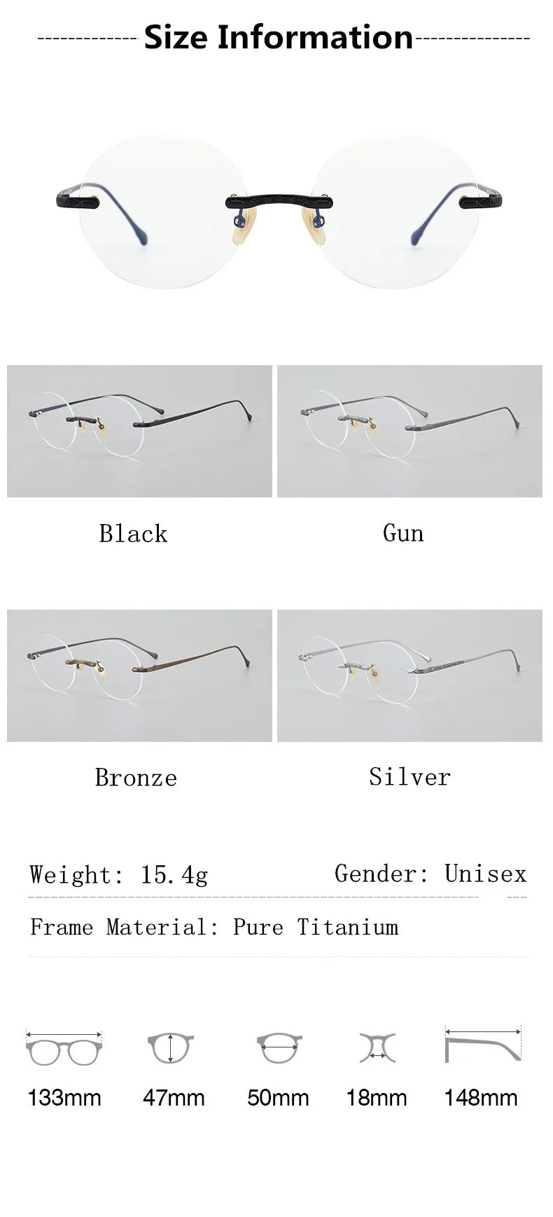 Aimee Unisex Rimless Round Titanium Eyeglasses 59334 Rimless Aimee   