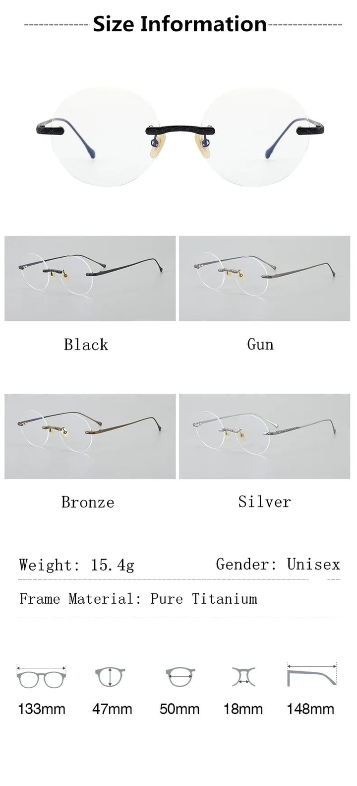 Aimee Unisex Rimless Round Titanium Eyeglasses 59334 Rimless Aimee   