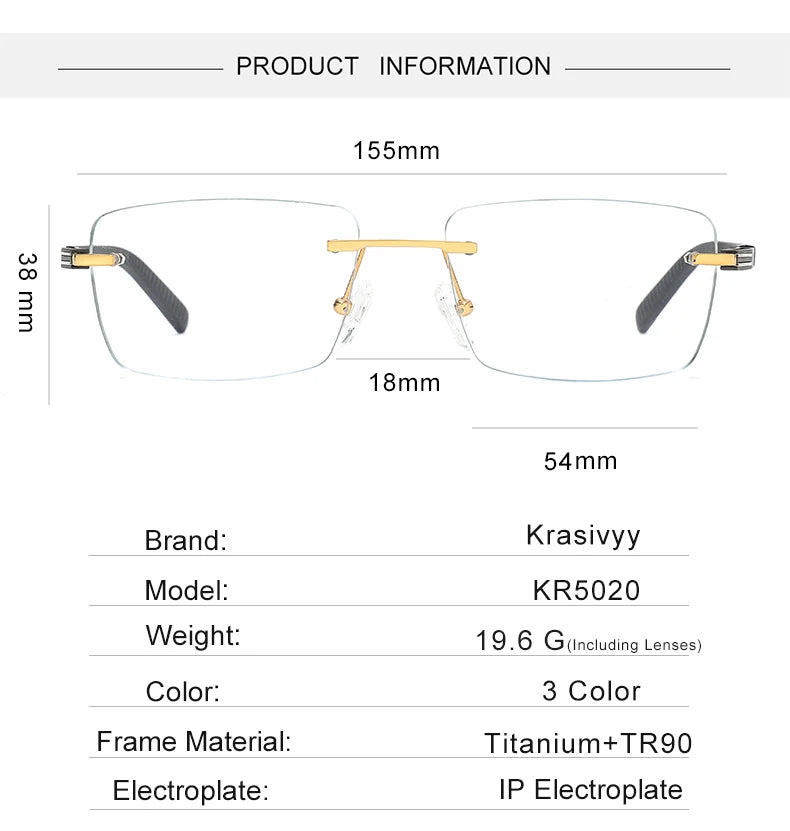 Krasivyy Men's Big Rimless Square Screwless Titanium Eyeglasses 25020 Rimless Krasivyy