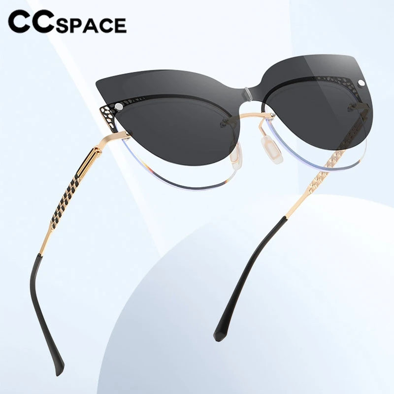 CCSpace Women's Full Rim Oval Cat Eye Alloy Eyeglasses Clip On Sunglasses 302035 With Clip Ons CCspace   