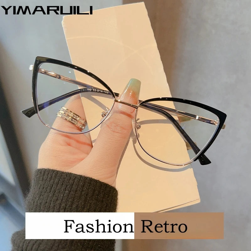 Yimaruili Women's Full Rim Square Cat Eye Alloy Tr 90 Eyeglasses Y3020 Full Rim Yimaruili Eyeglasses   