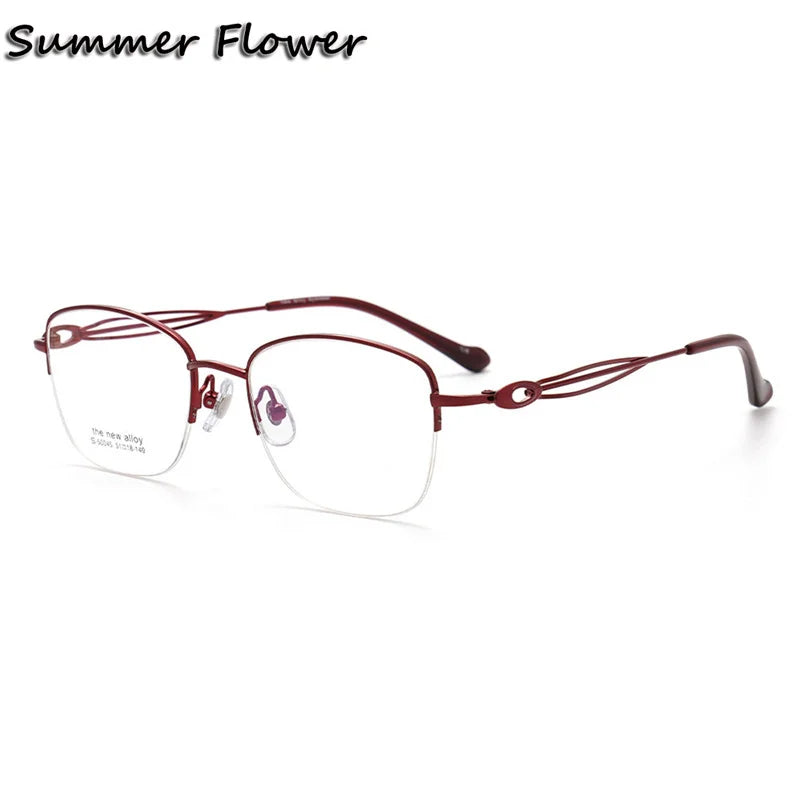 Summer Flower Women's Semi Rim Square Titanium Eyeglasses 50045 Semi Rim Summer Flower Dark Red