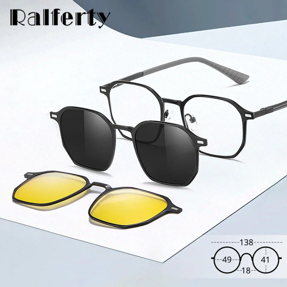 Ralferty Women's Full Rim Flat Top Square Mg Al Eyeglasses Clip On Sunglasses 517036