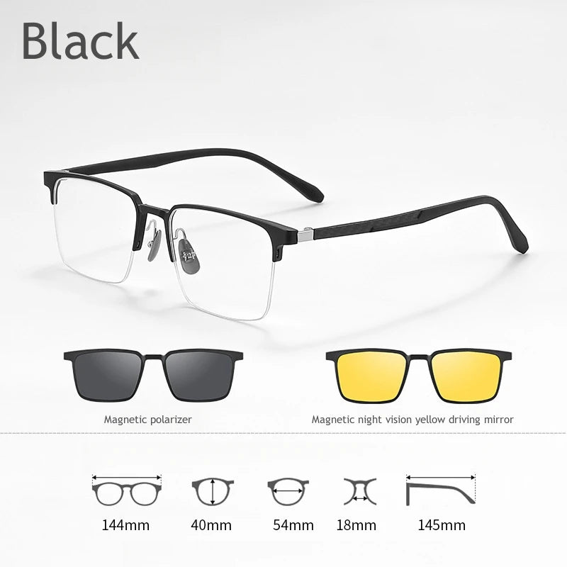 KatKani Men's Semi Rim Square Titanium Eyeglasses  6626 With Clip On Sunglasses Semi Rim KatKani Eyeglasses Black  