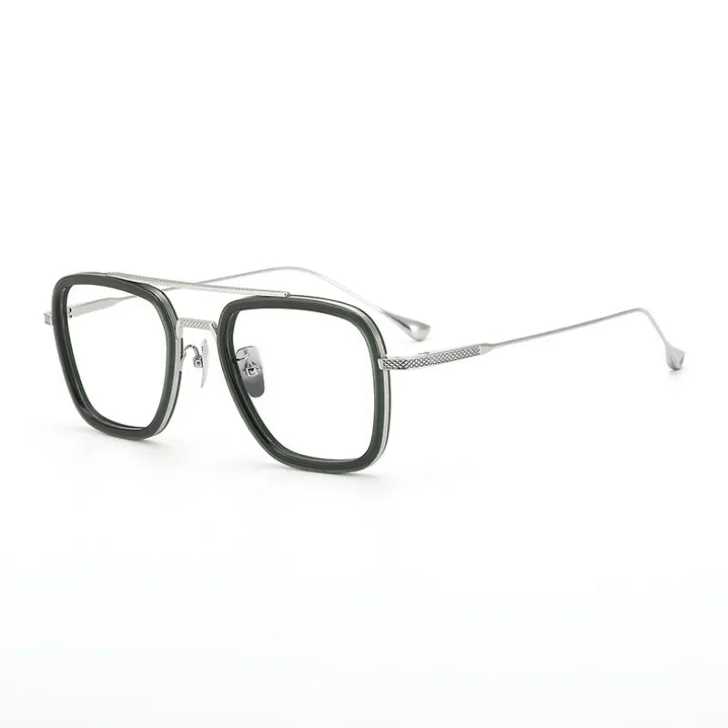 Hewei Unisex Full Rim Square Double Bridge Acetate Titanium Eyeglasses 2009 Full Rim Hewei green silver  