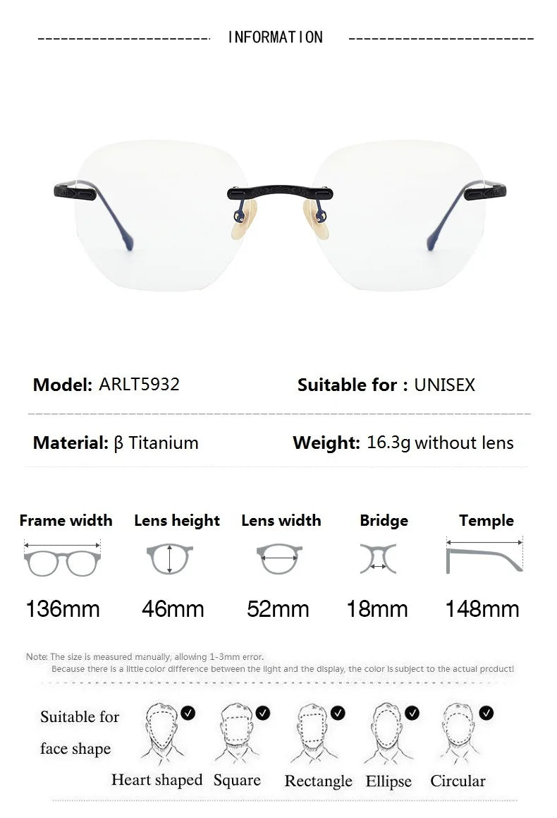 Aimee Men's Rimless Polygon Square Titanium Eyeglasses 5932 Rimless Aimee   