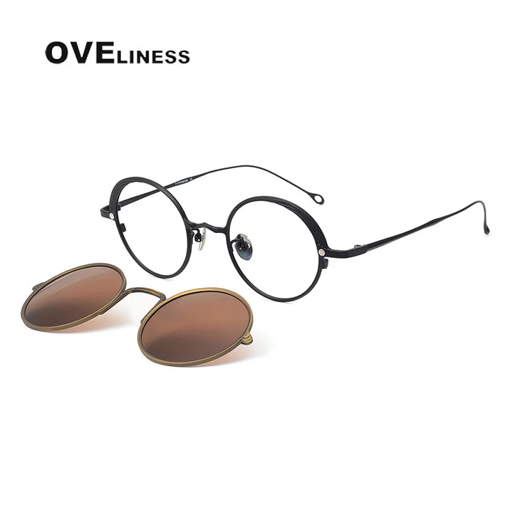 Oveliness Unisex Full Rim Round Titanium Eyeglasses Clip On Sunglasses 42618 With Clip Ons Oveliness black bronze tea