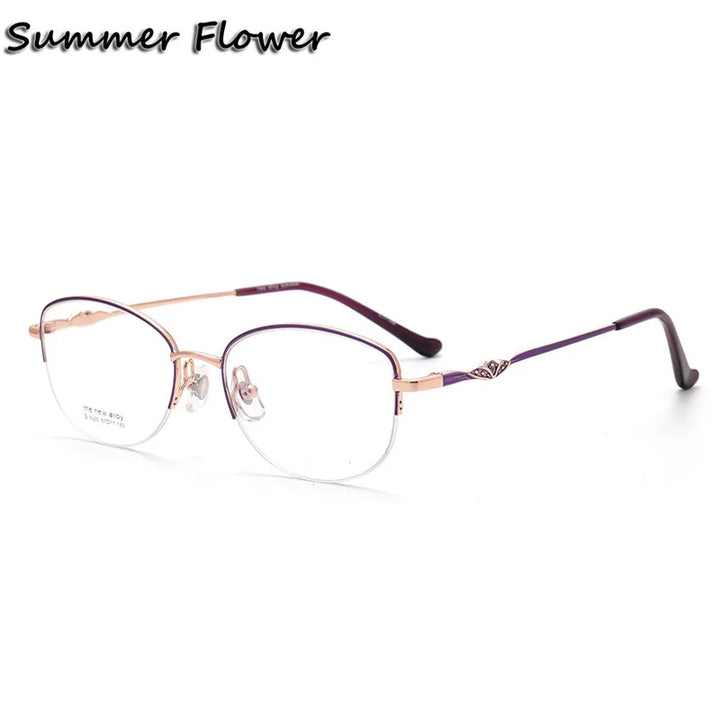 Summer Flower Women's Semi Rim Oval Square Alloy Eyeglasses 85330 Semi Rim Summer Flower Purple-Rose Gold