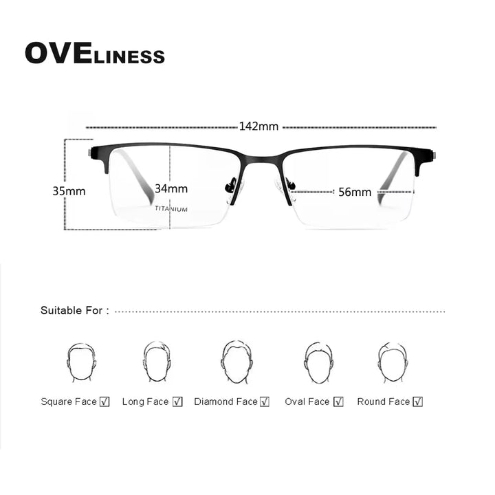 Oveliness Men's Semi Rim Square Titanium Alloy Eyeglasses 8840 Semi Rim Oveliness   