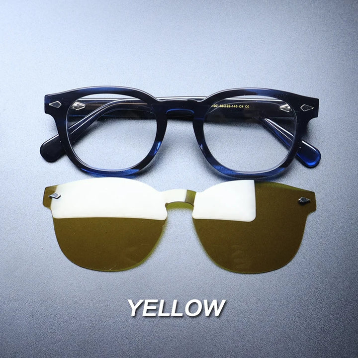 Gatenac Unisex Full Rim Round Acetate Optional Clip On Sunglasses 1237 Clip On Sunglasses Gatenac Blue Yellow  