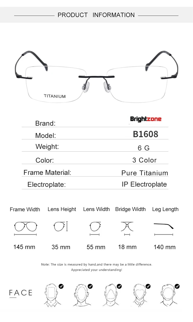 Brightzone Unisex Rimless Rectangle Titanium Eyeglasses 71608 Rimless Brightzone