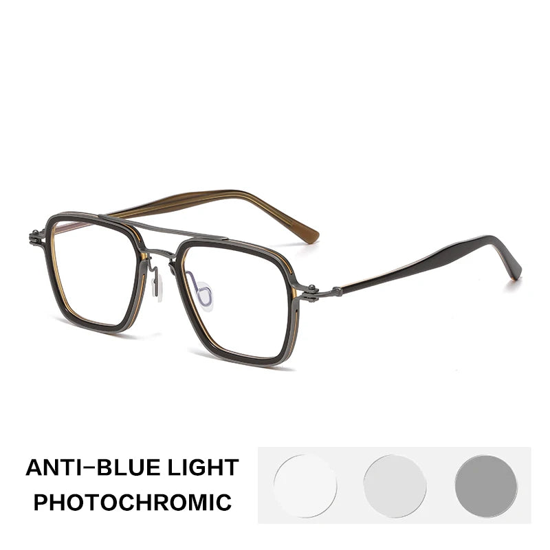 Gatenac Unisex Full Rim Big Square Double Bridge Acetate Titanium Photochromic Reading Glasses 58753