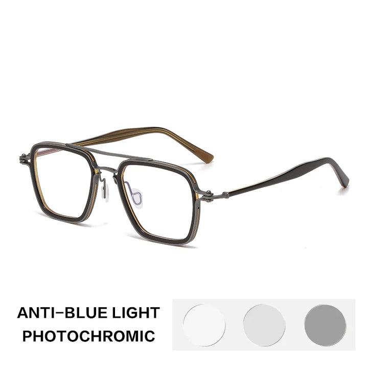 Gatenac Unisex Full Rim Big Square Double Bridge Acetate Titanium Photochromic Reading Glasses 58753