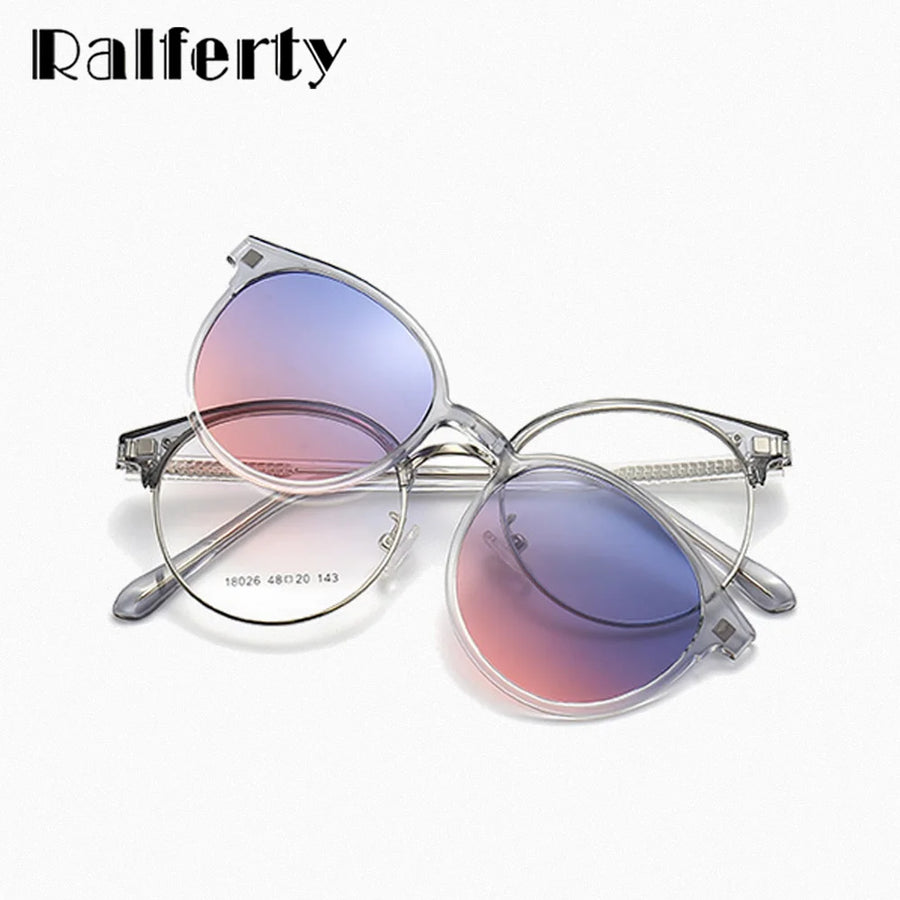 Ralferty Women's Full Rim Round Acetate Eyeglasses Clip On Polarized Sunglasses R026 With Clip Ons Ralferty   