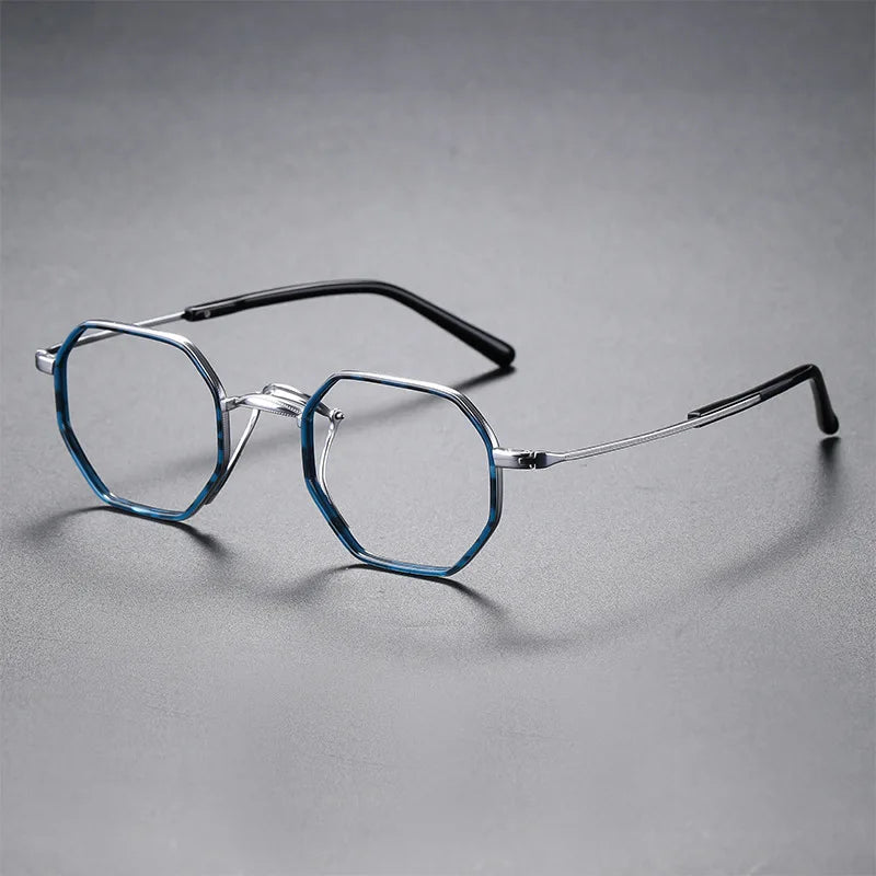 Aimee Unisex Full Rim Flat Top Polygon Titanium Acetate Eyeglasses 80635 Full Rim Aimee Blue-Tortoise  