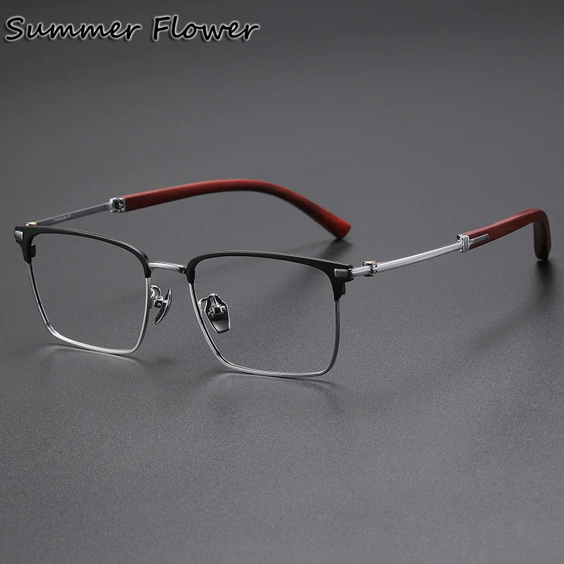 Summer Flower Unisex Full Rim Square Titanium Sandalwood Eyeglasses 82340 Full Rim Summer Flower Black Silver