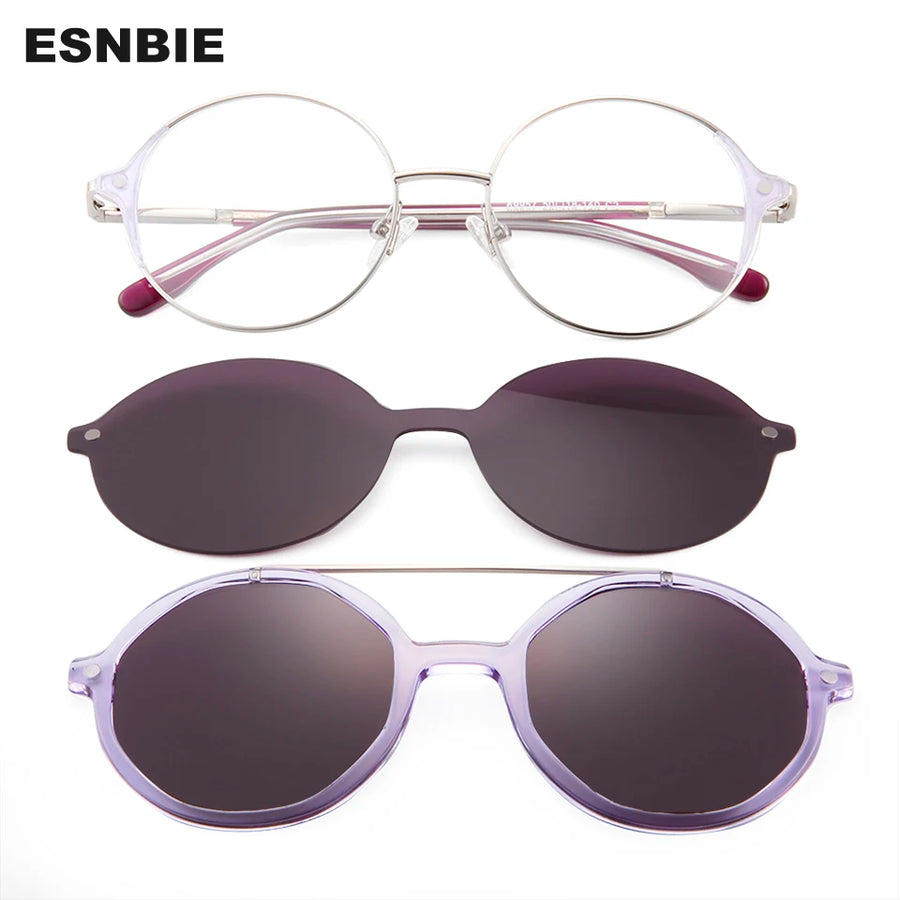 Esnbie Women's Full Rim Roun Alloy Eyeglasses Clip On Sunglasses 69957 With Clip Ons Esnbie   