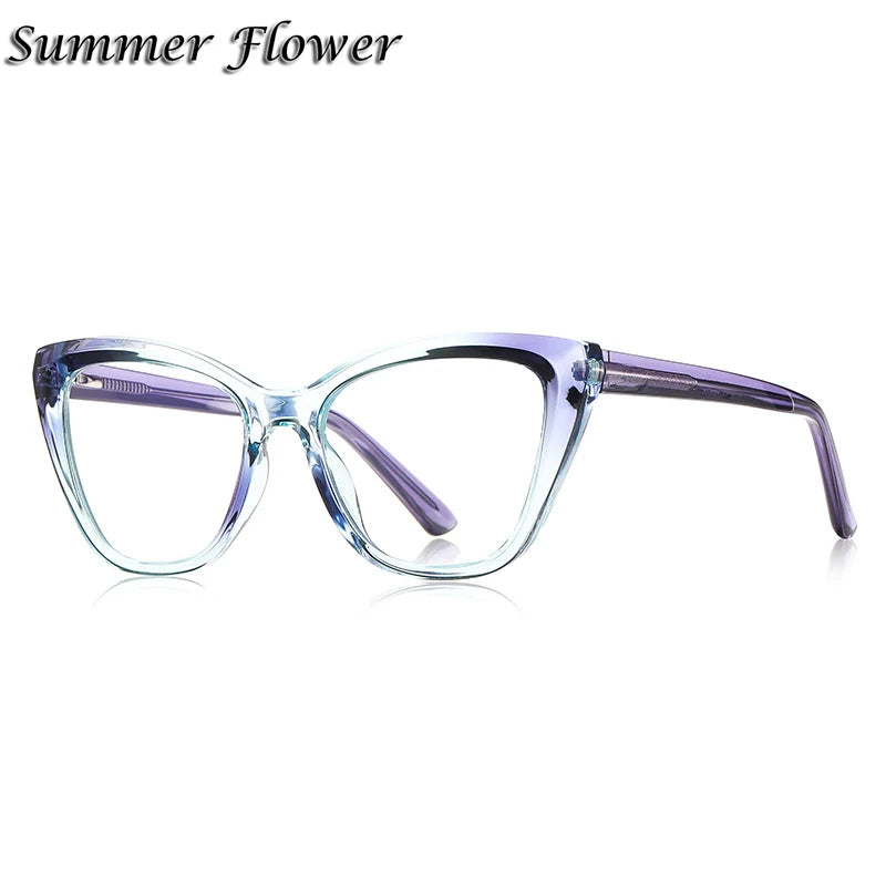 Summer Flower Women's Full Rim Square Cat Eye Tr 90 Titanium Eyeglasses 842148 Full Rim Summer Flower Purple Green