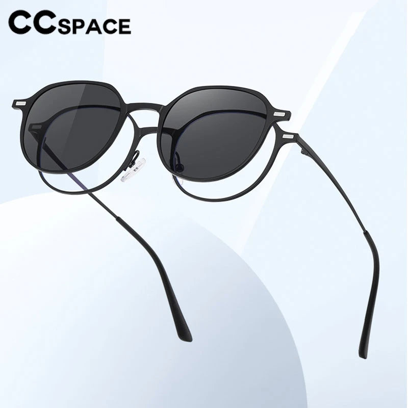 CCspace Women's Full Rim Round Alloy Eyeglasses Clip On Sunglasses 302078 With Clip Ons CCspace   