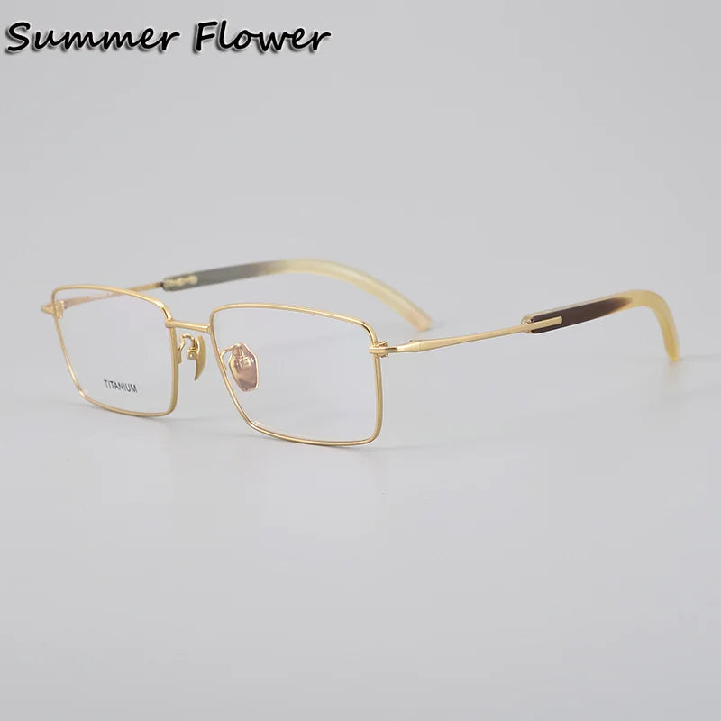 Summer Flower Men's Full Rim Square Titanium Horn Eyeglasses 612301