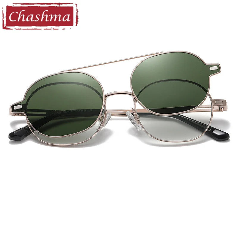 Chashma Ottica Unisex Full Rim Oval Alloy Eyeglasses Clip On Polarized Sunglasses 8802 With Clip Ons Chashma Ottica Gold-Dark Green  