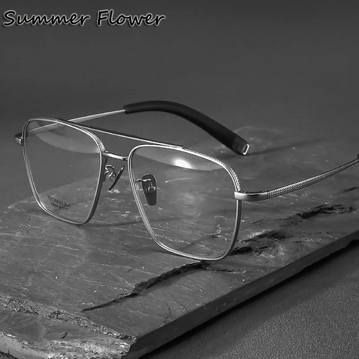 Summer Flower Unisex Full Rim Big Square Double Bridge Titanium Eyeglasses 50004 Full Rim Summer Flower