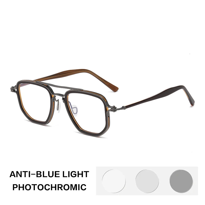 Gatenac Unisex Full Rim Big Square Double Bridge Acetate Titanium Photochromic Reading Glasses 58768