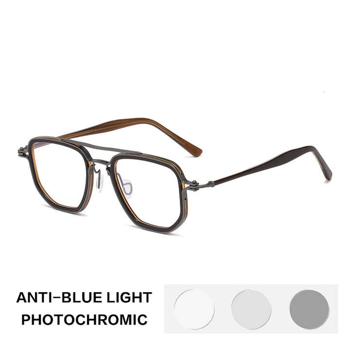 Gatenac Unisex Full Rim Big Square Double Bridge Acetate Titanium Photochromic Reading Glasses 58768