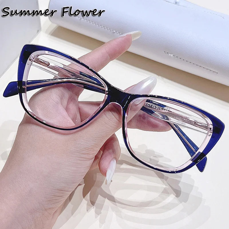 Summer Flower Women's Full Rim Square Cat Eye Tr 90 Titanium Eyeglasses 76045 Full Rim Summer Flower Pink Blue