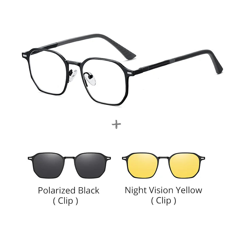 Ralferty Women's Full Rim Flat Top Square Mg Al Eyeglasses Clip On Sunglasses 517036