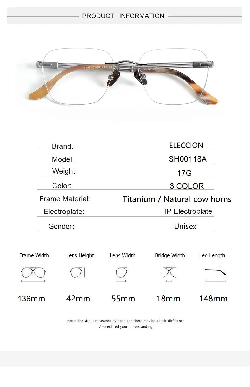 Eleccion Women's Rimless Polygon Titanium Horn Temple Eyeglasses 492117 Rimless Eleccion