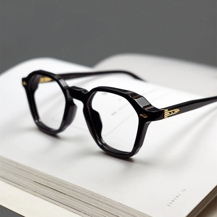 Black Mask Unisex Full Rim Flat Top Polygon Acetate Eyeglasses 49602