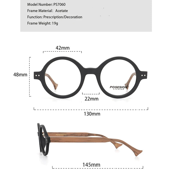 Hdcrafter PS7060 unisex round acetate prescription eyeglasses — view 2
