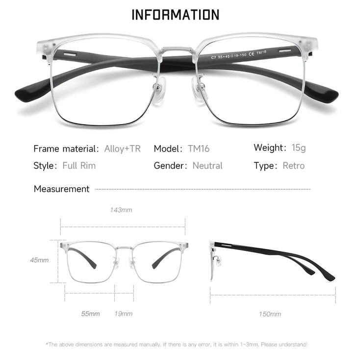Gmei Unisex Full Rim Square Alloy Tr 90 Eyeglasses 77416