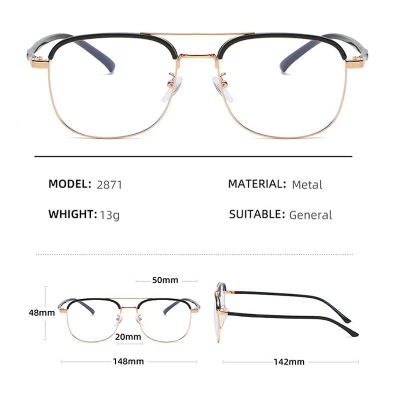 Handoer Unisex Full Rim Square Double Bridge Alloy Acetate Eyeglasses 28714