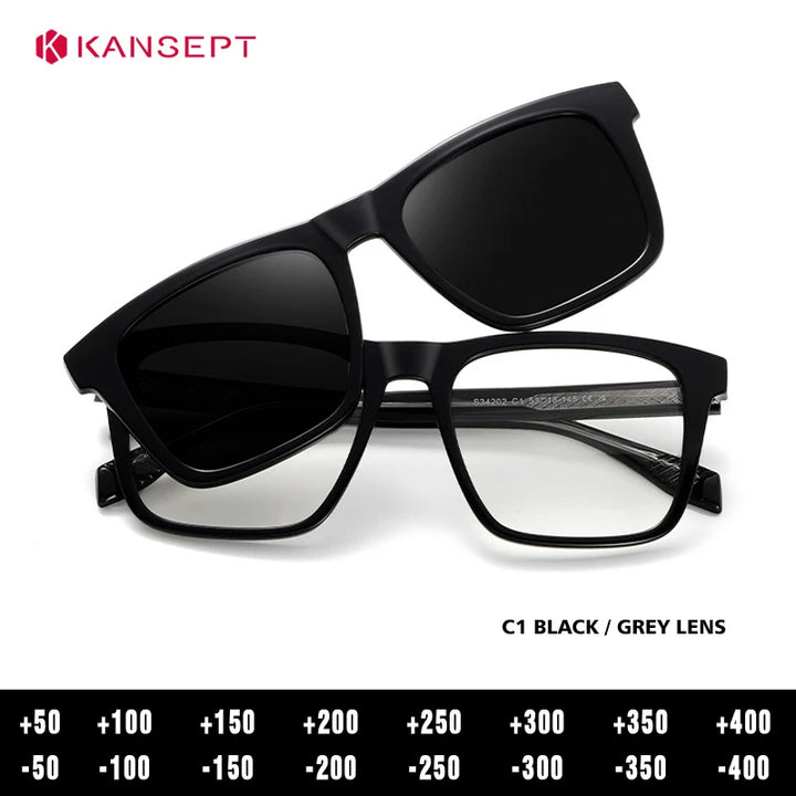 Kansept Unisex Full Rim Square Tr 90 Alloy Reading Glasses Clip On Sunglasses 34202