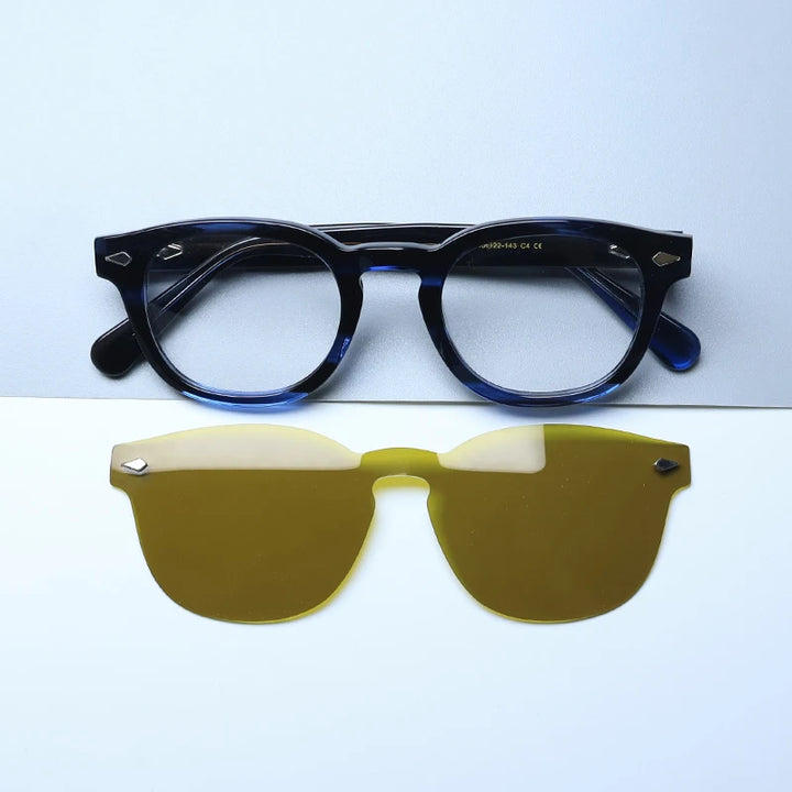 Gatenac Unisex Full Rim Round Acetate Eyeglasses Polarized Clip On Sunglasses 1145  FuzWeb  Blue Yellow Clips  