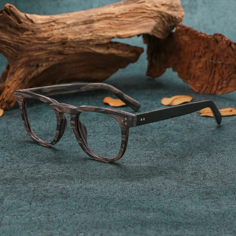 Hdcrafter Mens Full Rim Square Wood Eyeglasses 8182 Full Rim Hdcrafter Eyeglasses Striped-Gray-C15  