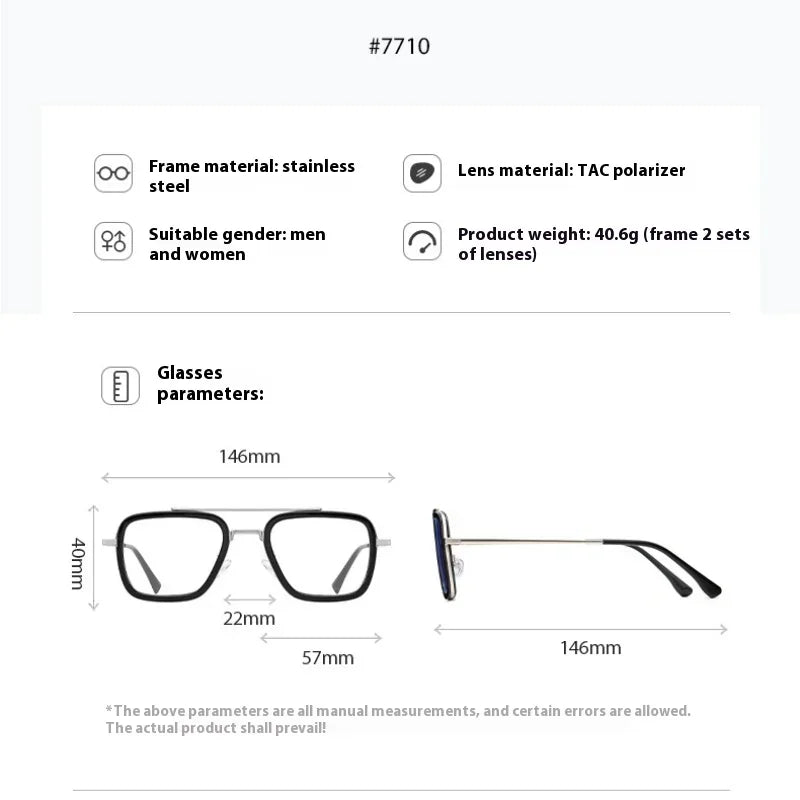 Aror Unisex Full Rim Square Double Bridge Alloy Acetate Eyeglasses Clip On Sunglasses 47710 With Clip Ons Aror