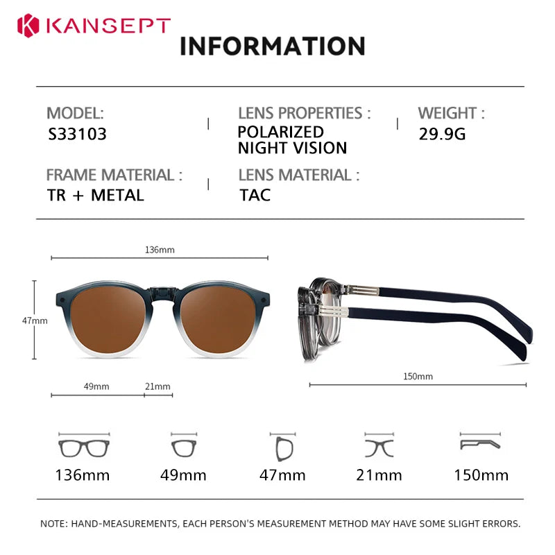 Kansept Unisex Full Rim Round Tr 90 Titanium Reading Glasses Clip On Sunglasses 33103
