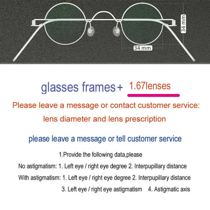 Yujo Unisex Full Rim Round Screwless Stainless Steel Eyeglasses 15032