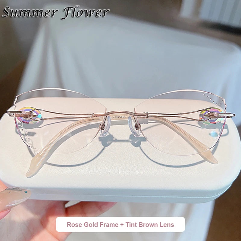 Summer Flower Women's Rimless Oval Square Titanium Eyeglasses 842135 Rimless Summer Flower Rose Gold-Brown