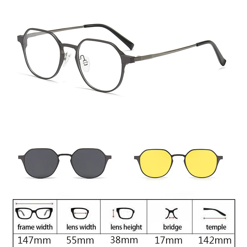 Hdcrafter Men's Full Rim Square Double Bridge Titanium Eyeglasses Clip On Sunglasses 275009