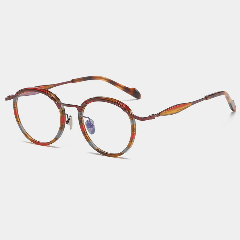 Gatenac Unisex Full Rim Round Acetate Titanium Eyeglasses Gxyj1158 Full Rim Gatenac Red Stripe  